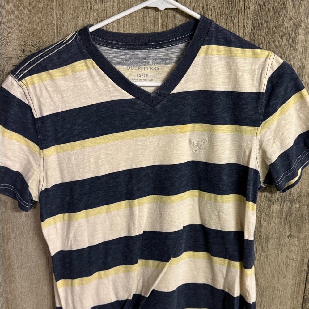 American Eagle Outfitters Navy and Cream V-Neck Tee